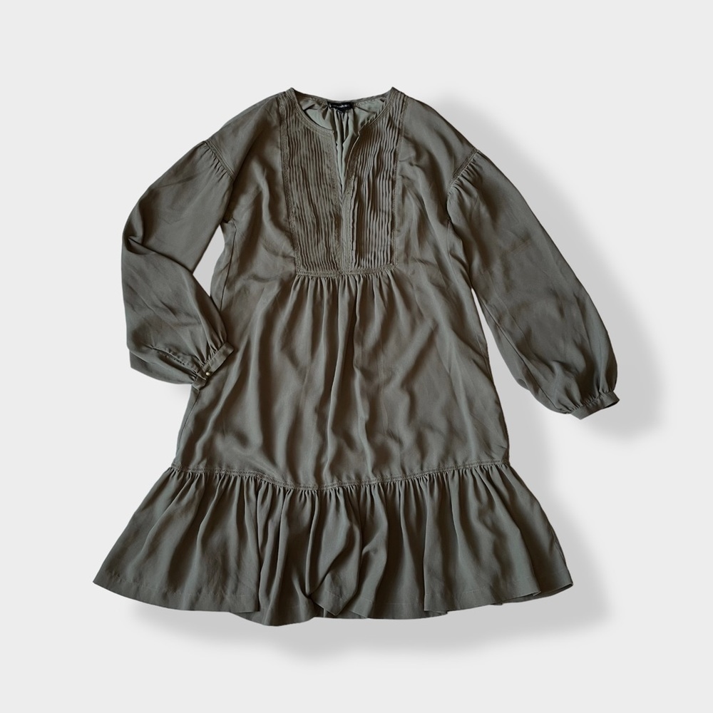 Banana Republic Mini Dress Tiered Gathered Shift Military Green Long Sleeve M
